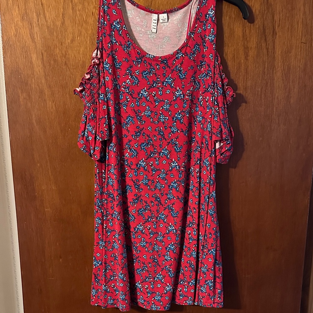 Elle Red Floral Cold-Shoulder Swing Top